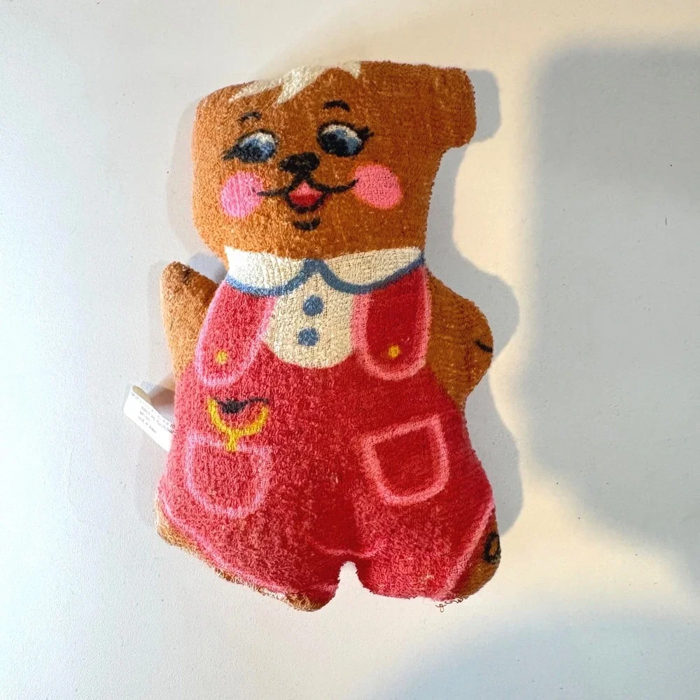 Vintage Protect-O Reliance Products Bear Plush Terry Cloth Red Overalls Toy 8.5